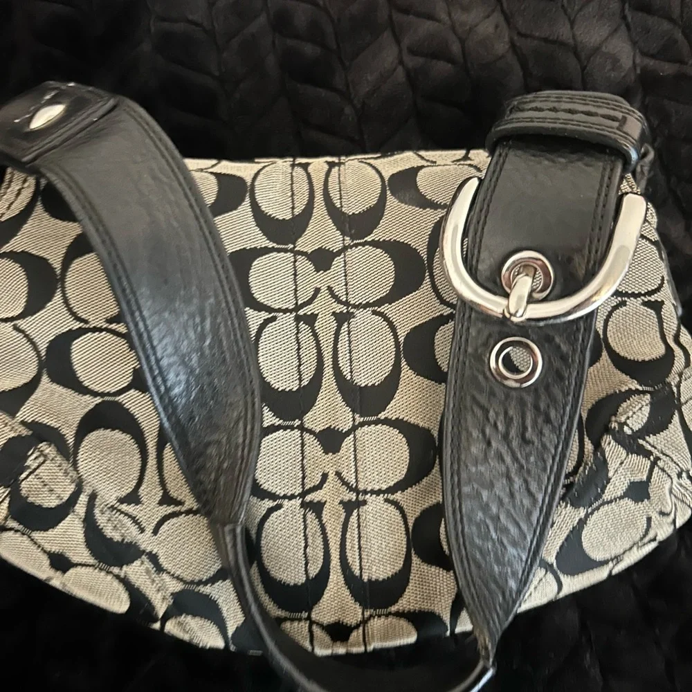 Coach Black & Khaki Signature Canvas Shoulder Bag with Buckle Accent - Picture 3 of 6